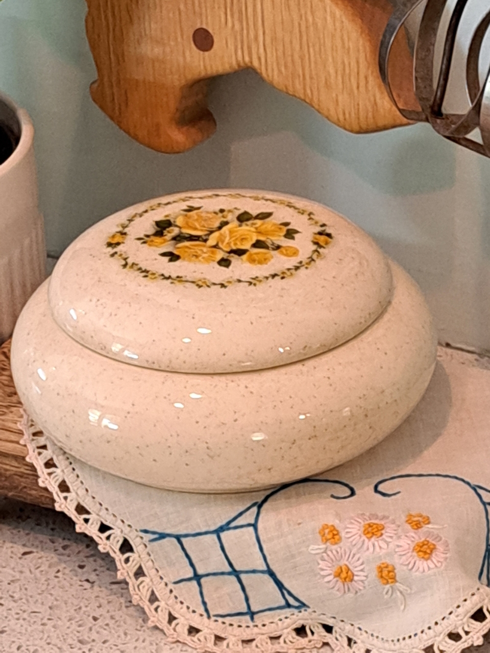 Artisan/ Hobbyist Cream Speckled Ceramic Lidded Jar with Yellow Rose Decal 1984